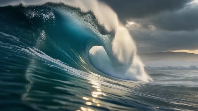 Powerful ocean wave curl moody cloudy sky with soft sunlight and dramatic spray seascape swell motion coastline barrel horizon