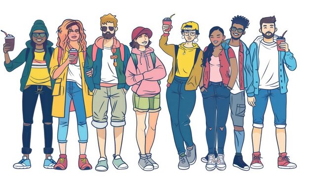 A cute cartoon Style ofA diverse group of friends enjoying a beach day
