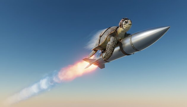 Turtle, wearing futuristic metallic exosuit, riding silver rocket with flames and smoke, soaring through clear blue sky with gradient sunset, symbolizing innovation, progress