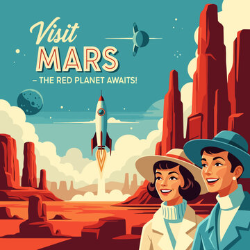 Retro Illustration of a Rocket Launching on Mars with Tourists.