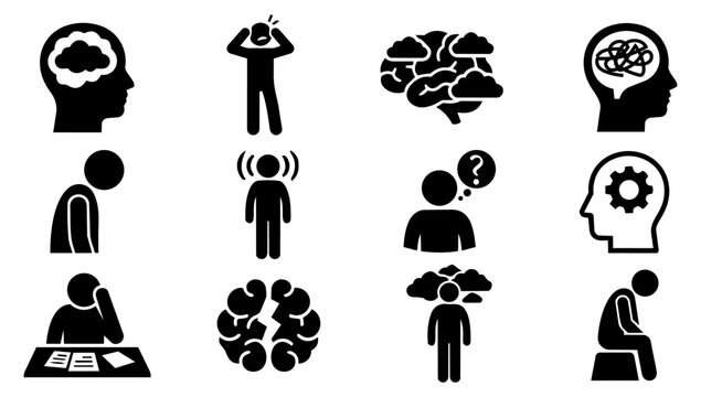 Brain Fog Symptom and Cognitive Difficulty Silhouette Icon Set