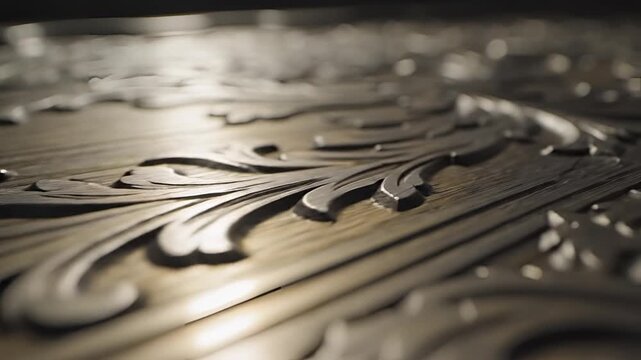 Closeup of Ornate Metal Engraving with Swirling Floral Patterns.