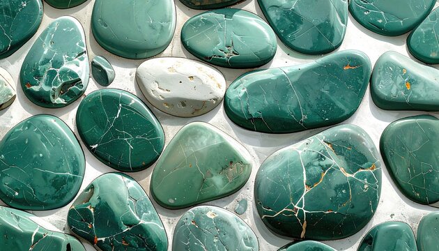 Close-up of Smooth Green and White Polished Stones Background.