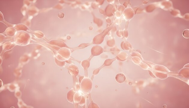 Vibrant pink cells, glowing transparent orbs with network connections, scientific illustration, symbolizing biotechnology, medical research, and innovation
