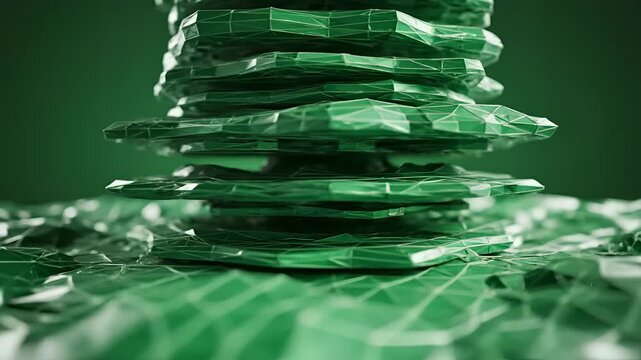 Closeup of stacked malachite slices with intricate patterns and textures.