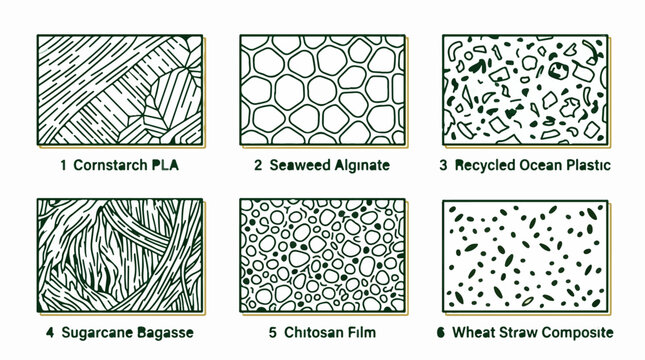 Sustainable material texture patterns infographic showing cornstarch PLA seaweed alginate recycled ocean plastic sugarcane bagasse chitosan and wheat straw