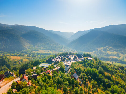 Aerial view of Kustendorf ethno village or Drvengrad in Mokra Gora