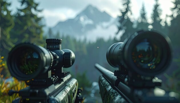 Dual sniper rifle scopes with a mountainous forest landscape in the background, highlighting tactical precision and long-range targeting.