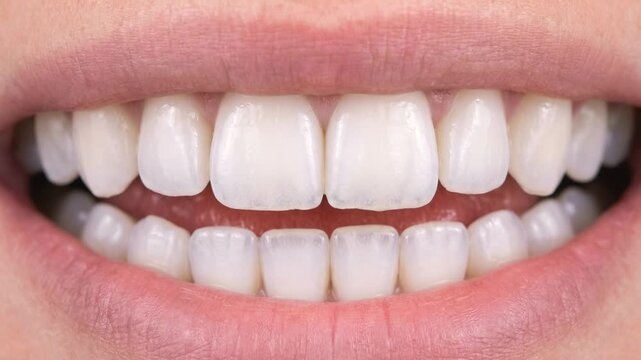 Extreme close up of white teeth smiling. Perfect healthy smile and clean veneers. Dental health and oral hygiene concept