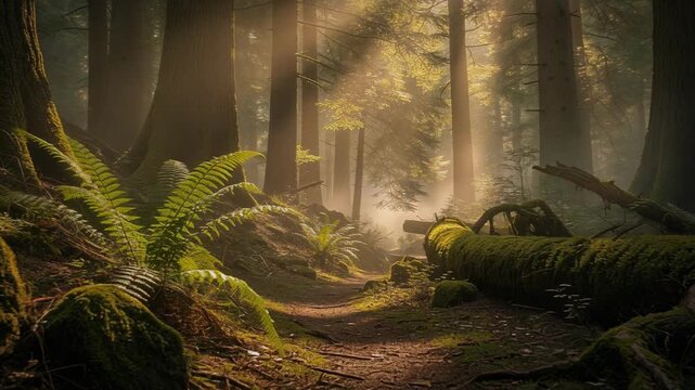 Serene forest path bathed golden sunlight filters through tall trees illuminating moss and fern with fallen logs woodland