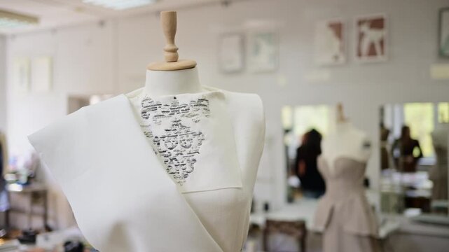 A partially constructed garment pinned on a mannequin, showing structural design work in progress