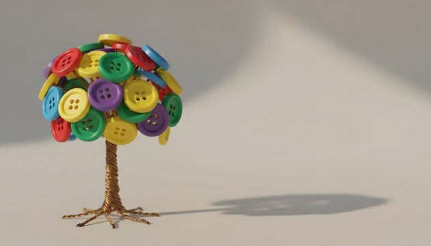 Colorful buttons tree sculpture, creative wire frame, vibrant colors, symbolizing diversity and creativity for business and design.