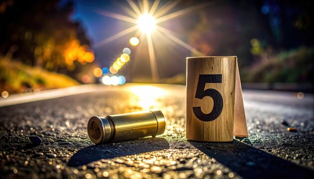 Crime scene evidence marker number five next to a spent shotgun shell on asphalt at night with streetlights in the background.