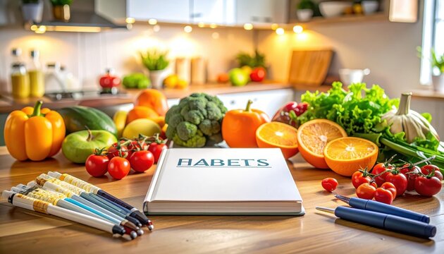 Diabetes monitoring kit with health book and fresh produce in a kitchen setting