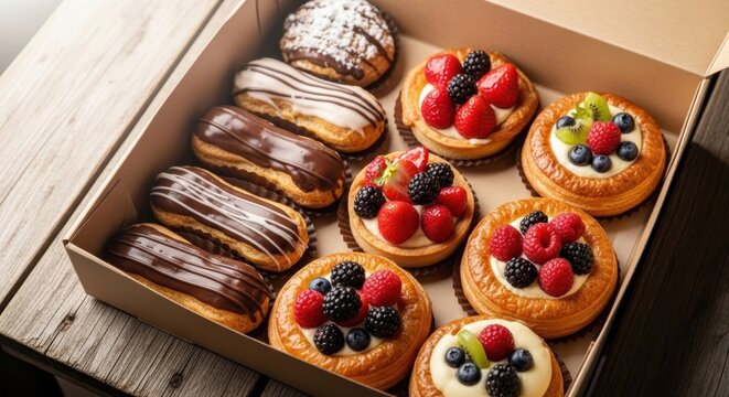 A box of assorted pastries including chocolate eclairs and fruit tarts arranged on a wooden table