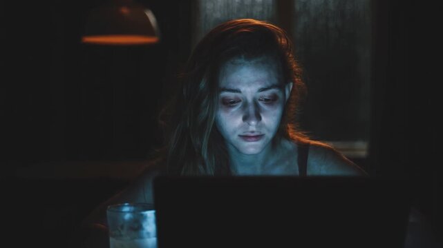 Tired exhausted woman staring at laptop screen in dark room at night. Sleepy girl with dark circles under eyes working late. Overwork and insomnia concept