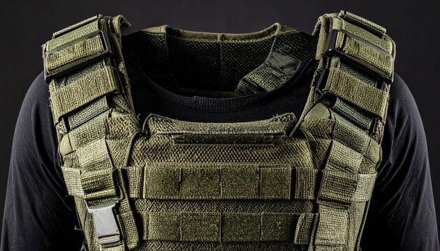 Detailed close-up of a tactical olive green MOLLE vest carrier with intricate webbing and straps