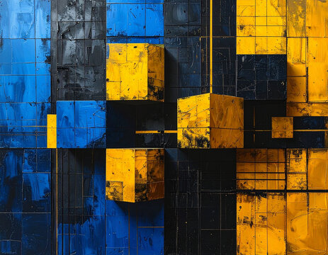 Abstract geometric background with structural 6D blocks in navy blue and golden yellow tones