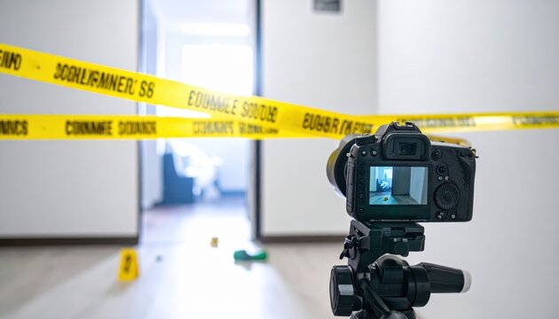 Crime scene investigation with yellow caution tape and camera documenting evidence in a secure doorway