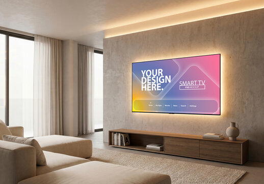 Smart Tv Mockup on the wall in living room with ambient light