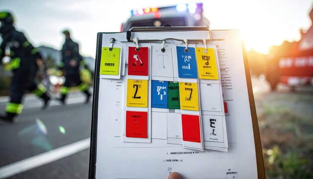 Color coded triage tags on a clipboard, crucial for emergency medical response management
