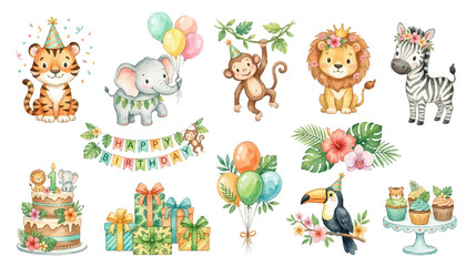 Obraz premium Adorable safari animal birthday collection featuring balloons, gifts and tropical celebration accessories. Collection of Vector illustrations for invitation, card, poster, banner, decoration