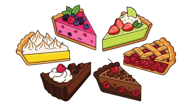 Assorted slices of colorful and delicious layered cakes with various toppings and flavors on a white background