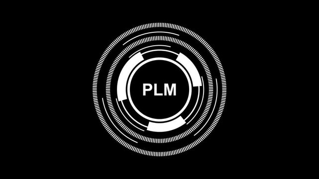 Futuristic HUD Interface Featuring the Word PLM in a Digital Product Lifecycle Design.4k animation motion graphics video.