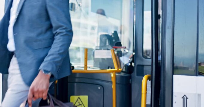 People, exit and bus open in city for public transport, morning commute and location of urban stop. Passengers, enter or vehicle arrival for travel, boarding terminal and sidewalk for journey to work