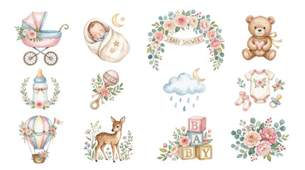 Obraz premium Elegant newborn party set featuring charming baby themed objects, flowers and festive event details. Collection of Vector illustrations for invitation, card, poster, banner, decoration