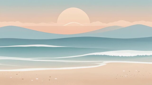 Serene tranquil calm sunrise over gentle ocean wave rolling onto pastel sand beach with soft horizon light creating peaceful calm