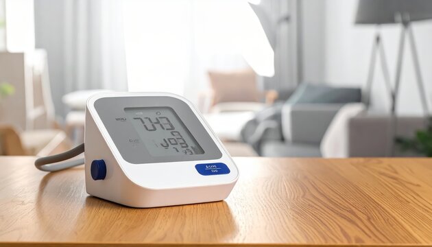 Digital blood pressure monitor with large LCD screen showing a reading rests on a wooden table in a home interior setting