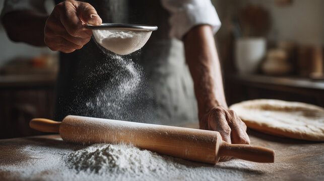 Baker sifting flour over rolling pin on kitchen counter, close-up homemade baking preparation, soft natural light, rustic pastry workflow, realistic food lifestyle photography baki