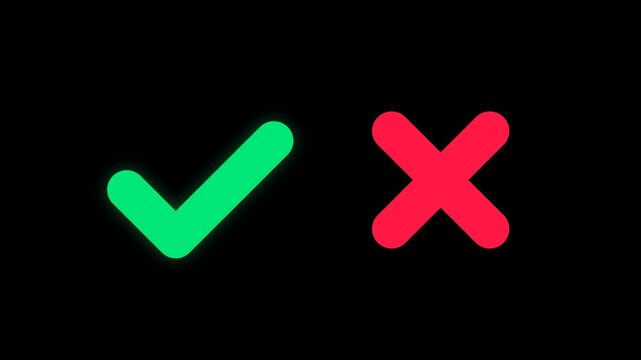 Glowing green checkmark and vibrant red cross symbolize binary choices and decision-making on a dark background