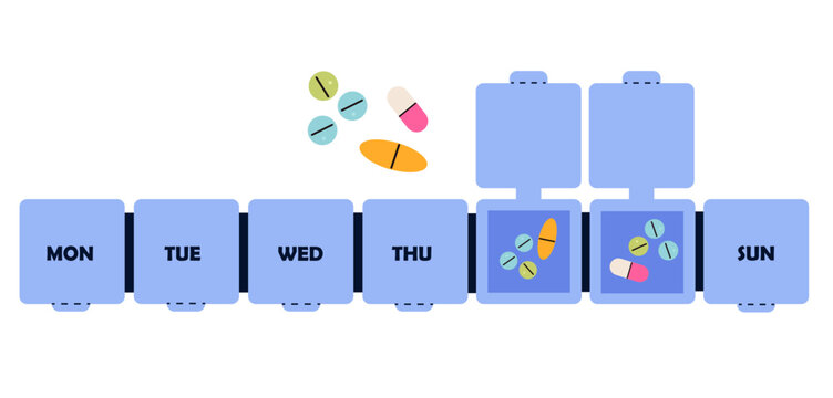 Weekly pill organizer with scattered colorful tablets and capsules. Flat vector illustration of a medicine storage box with open compartments for health planning
