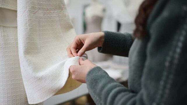 Hands carefully adjusting fabric on a dress form, securing material placement during the fitting process