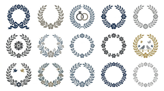 Collection of Decorative Laurel Wreaths and Circular Emblems.