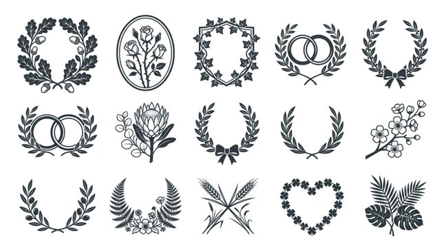 Collection of Decorative Laurel Wreaths and Floral Emblems.