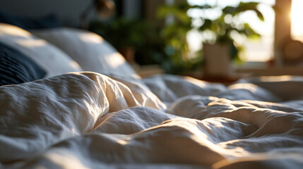 Obraz premium A close up of soft sunlight skims gently across a bright cozy linen bed in calm morning daylight morning light faceless still softly defocused backdrop bright bedroom