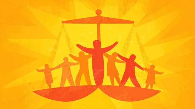 Stylized figures representing humanity stand together on the balanced pans of a scale against a vibrant yellow background.