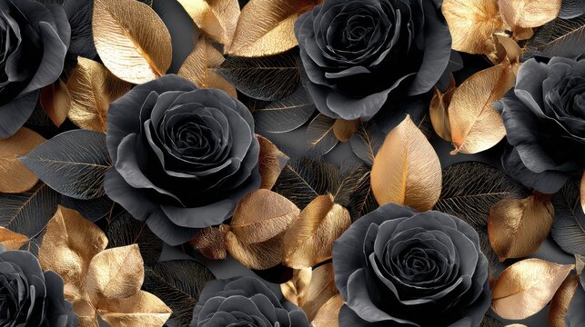 Dark floral pattern features velvety black roses interspersed with metallic golden foliage