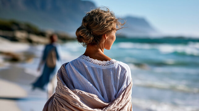 A  woman viewed from behind strolls softly along a bright sunlit beach at a calm slow pace in soft daylight beach stroll faceless back view sunny outdoors daylight