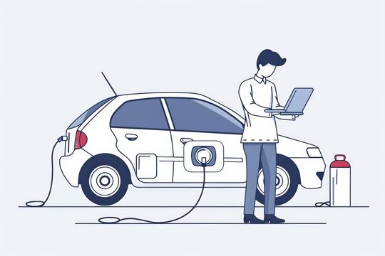 A cute cartoon Style ofA technician using a tablet to monitor an electric car's performance