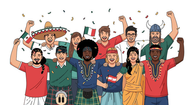Diverse Group Celebrating Together with Flags and Confetti