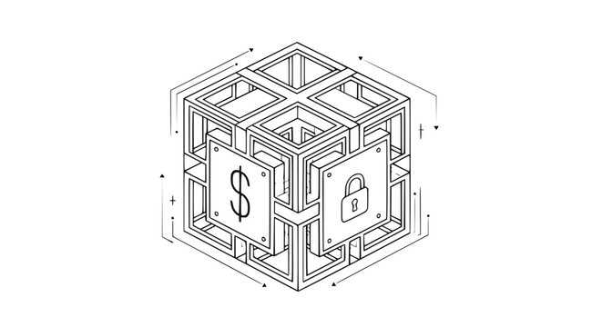 3D isometric cube with dollar sign and lock icons, representing financial security and protection.