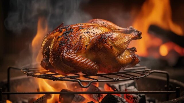 Roasted whole chicken rotisserie style over glowing charcoal grill embers with smoke, crackling golden skin, sizzling aroma
