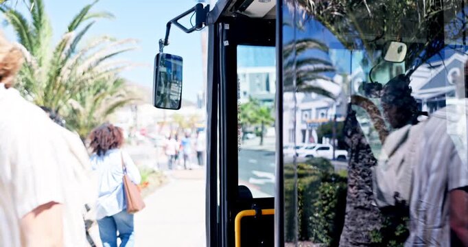 People, travel and bus exit in city for public transport, morning commute and location of urban stop. Passengers, leave or vehicle arrival at door boarding terminal and sidewalk for journey to work