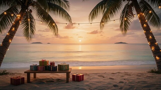 Sunset beach palm tree string lights gift box wooden table ocean. peaceful festive warmth with palms wrapped lights and wrapped