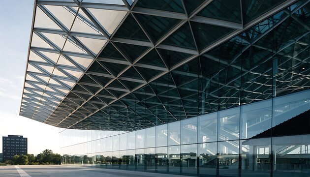 Modern architectural facade with a triangular geometric glass and metal canopy overhanging a reflective glass building exterior, with a distant