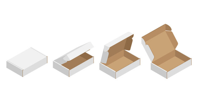 Collection of white mailer box mockups. Shipping carton open and closed box with brown interior on transparent background. Set postal boxes. Vector illustration